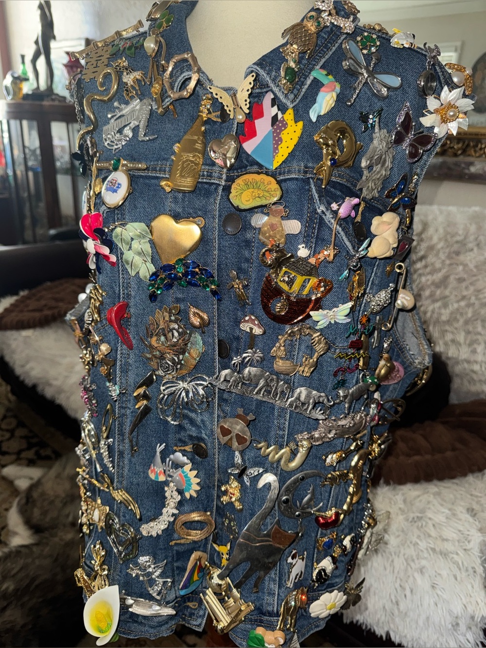 Embellished Denim Vest with over 250 Vintage & New Brooches & Pins